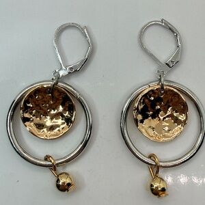 Mixed Metal Hammered Disc Drop Earrings Silver Gold Dangle
